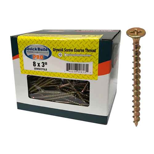 Quick Build Pro 3" x #8 Yellow Zinc Coarse Phillips Bugle Drywall Screws (5lbs/Box)