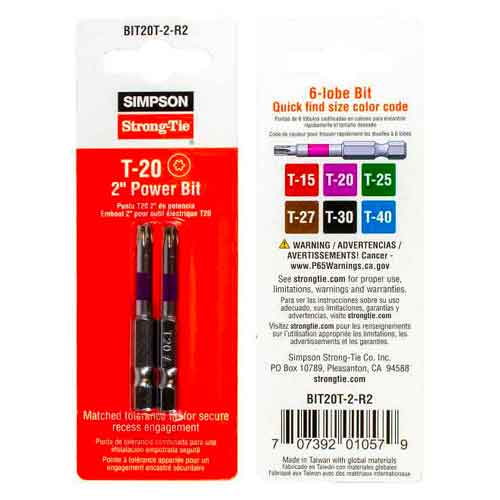Simpson Strong-Tie BIT20T-2-R2 T20 x 2" Torx Power Drive Tip - Pack