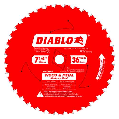 Diablo® Tools 7-1/4" x 36T D0736GPA Wood &amp; Metal Carbide Saw Blade (Bulk)