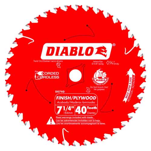 Diablo® Tools 7-1/4" x 40T D0740A Carbide Finish Blade (Bulk)