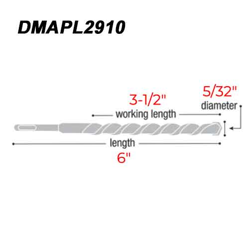 Diablo Tools DMAPL2910 5/32" x 6" SDS+ Carbide Concrete Anchor Hammer Drill Bit - Dimensions
