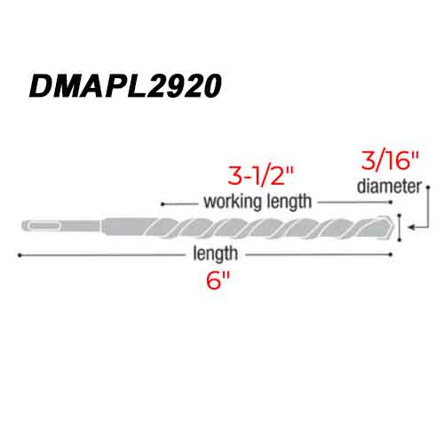 Diablo Tools DMAPL2920 3/16" x 6" SDS+ Carbide Concrete Anchor Hammer Drill Bit - Dimensions