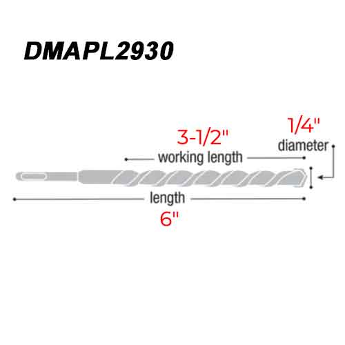 Diablo Tools DMAPL2930 1/4" x 6" SDS+ Carbide Concrete Anchor Hammer Drill Bit - Dimensions