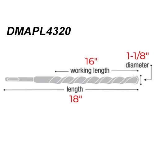 Diablo Tools DMAPL4320 1-1/8" x 18" Rebar Demon Carbide Bit - Dimensions