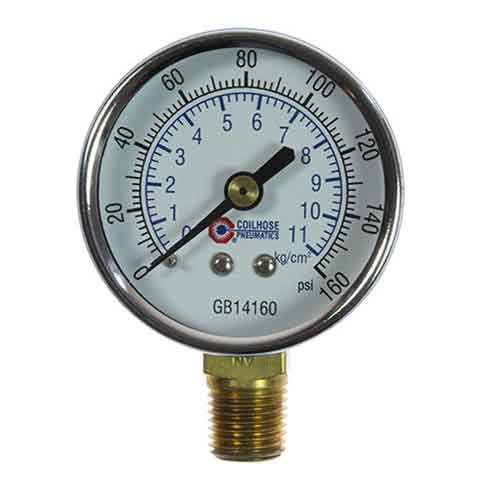 Coilhose GB14160 2" Dial, 1/4" Bottom Mount Air Pressure Gauge 0-160 psi