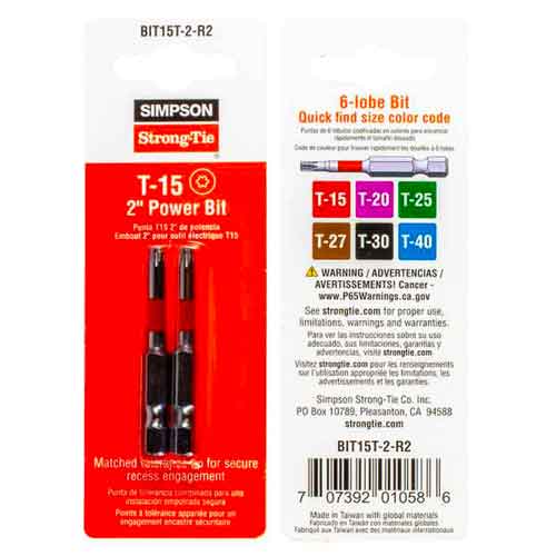 Simpson Strong-Tie BIT15T-2-R2 T15 x 2" Torx Power Drive Tip - Pack
